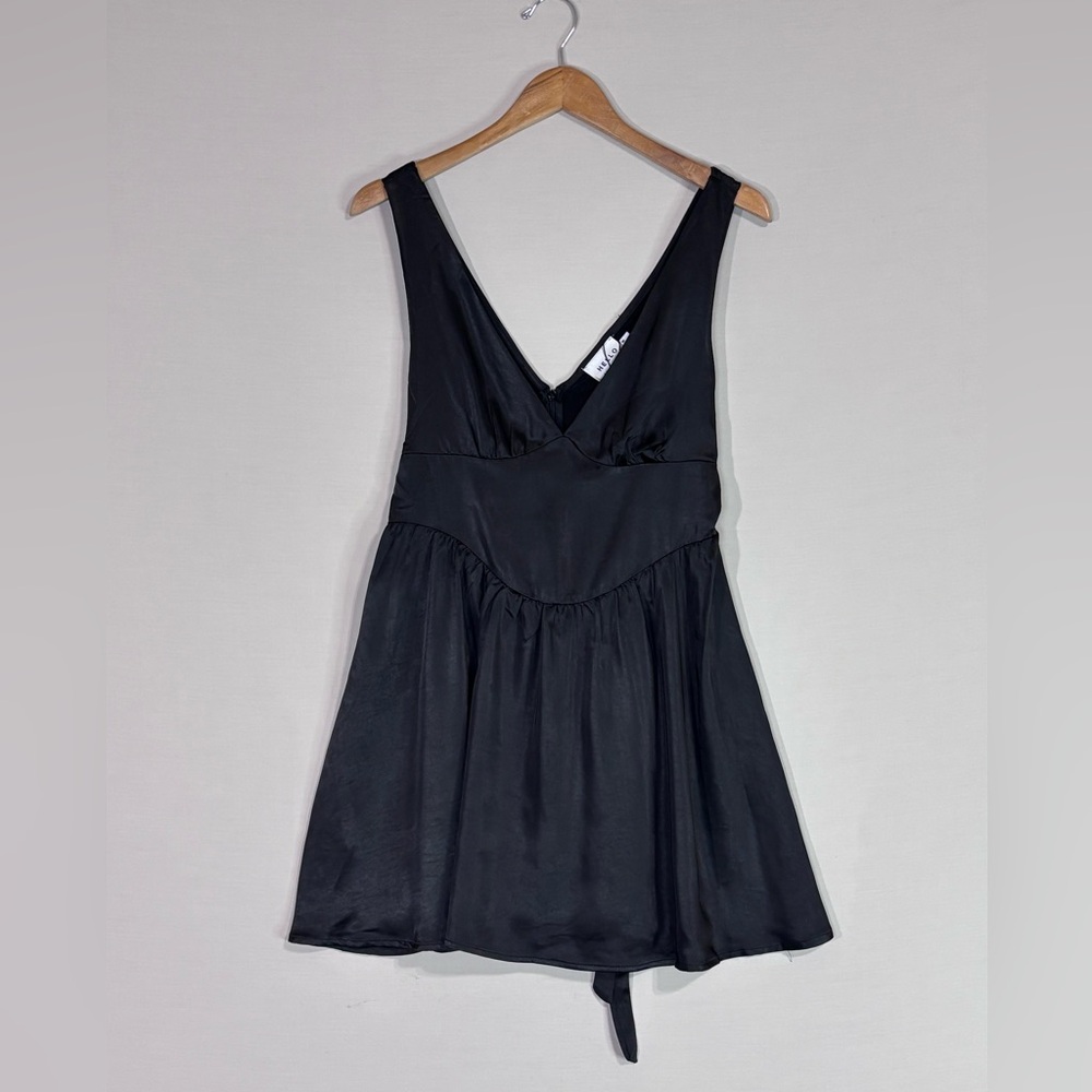 Hello Molly Black Satin Mini Dress V Neck Flowy Fit Flare Luxe Chic